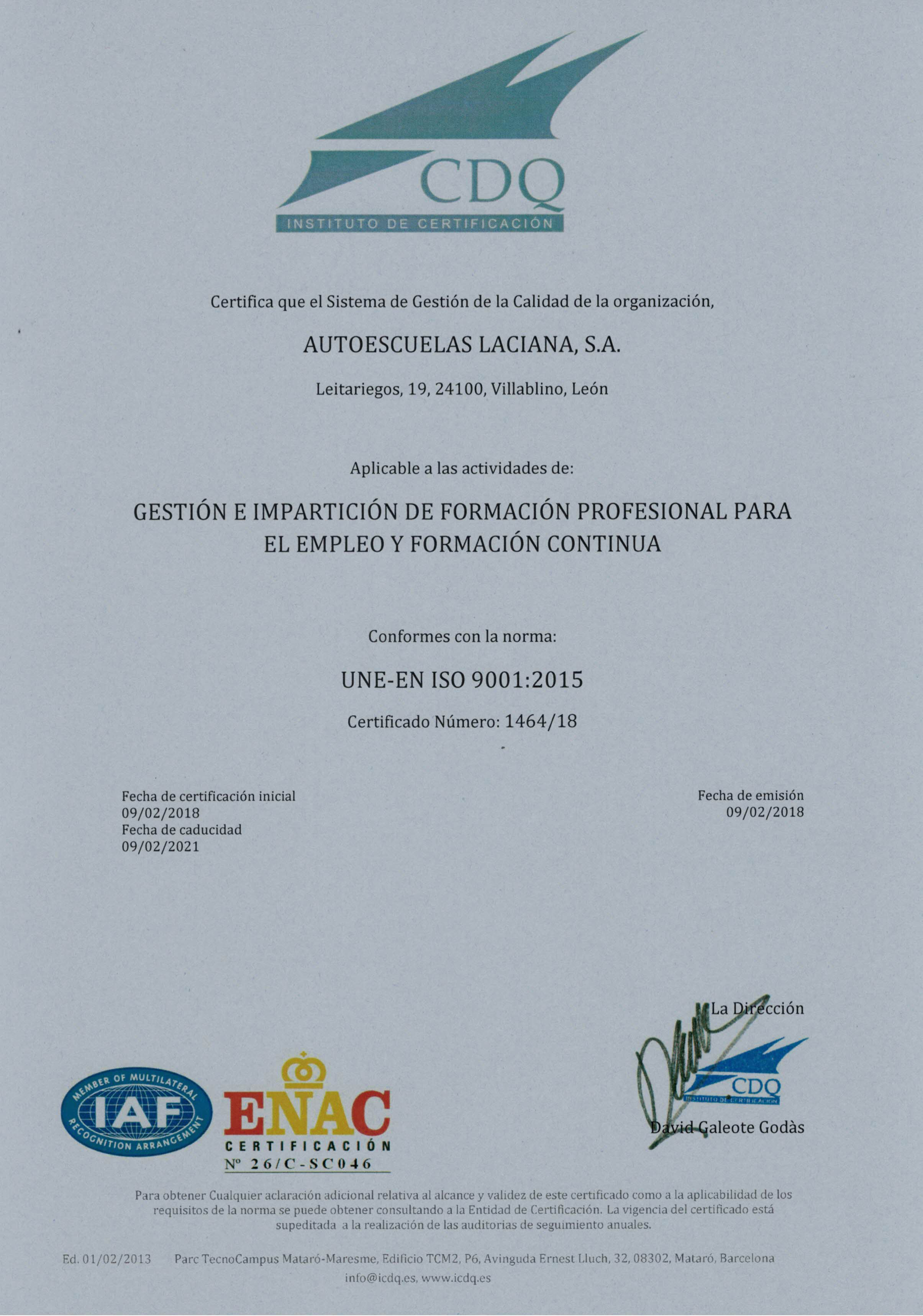 Certificado de Calidad UNE-EN ISO 9001:2015 